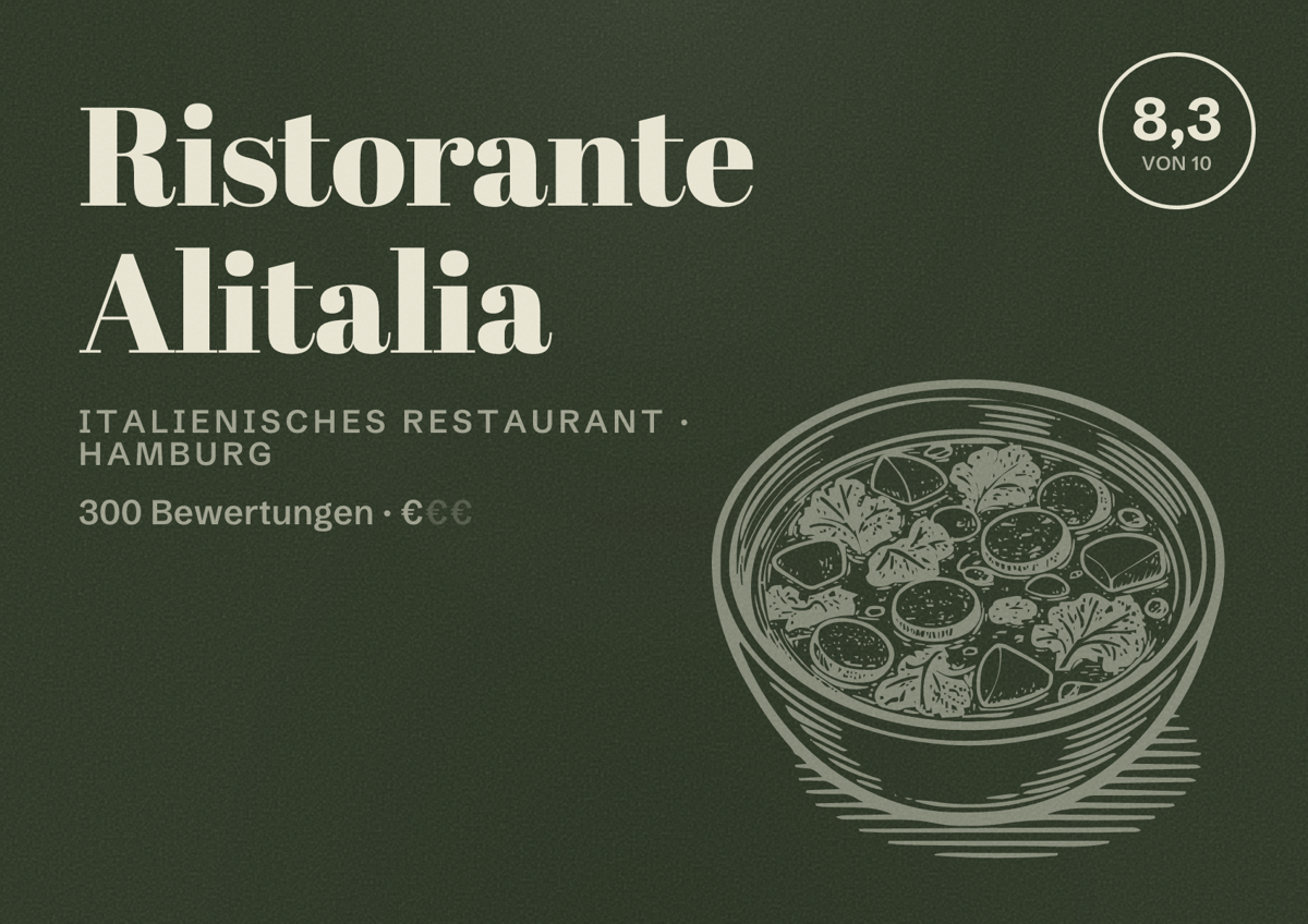 Illustriertes Poster von Ristorante Alitalia, Italienisches Restaurant in Hamburg: Bewertung 8,3 von 10 aus 300 Bewertungen, Preisniveau €
