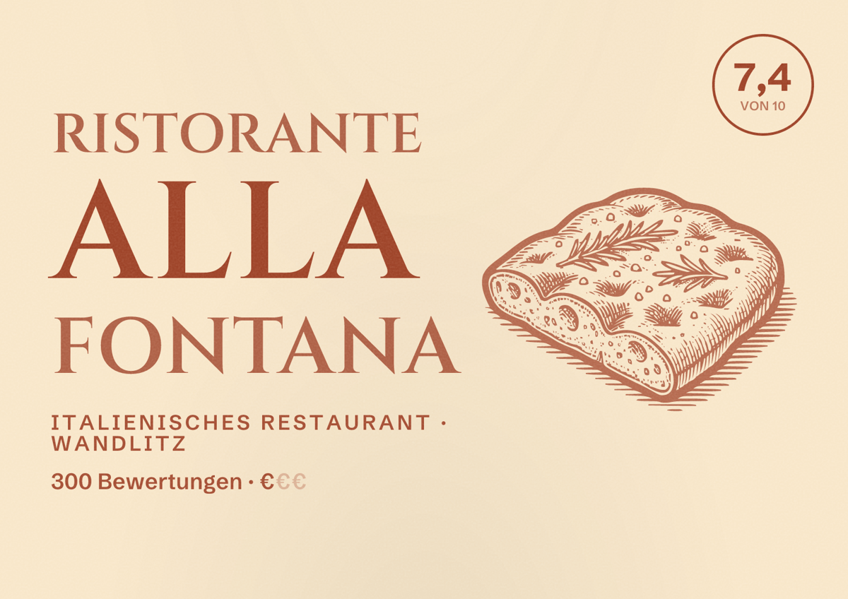 Illustriertes Poster von Ristorante alla Fontana, Italienisches Restaurant in Wandlitz: Bewertung 7,4 von 10 aus 300 Bewertungen, Preisniveau €