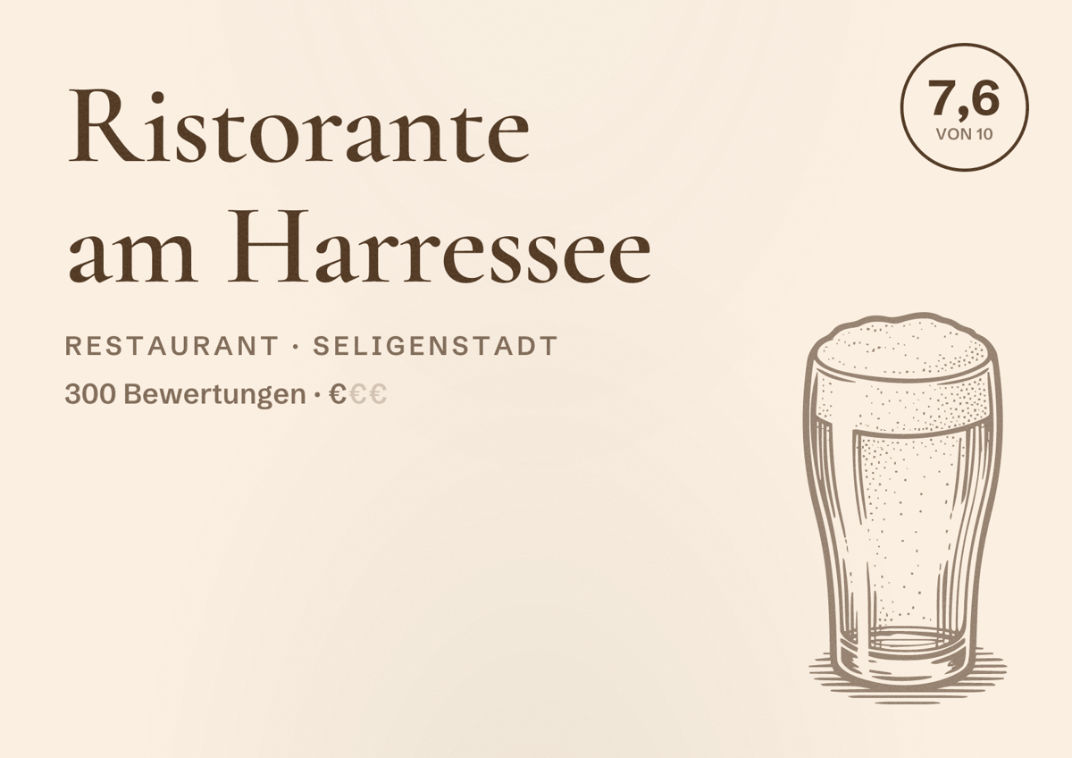 Illustriertes Poster von Ristorante am Harressee, Restaurant in Seligenstadt: Bewertung 7,6 von 10 aus 300 Bewertungen, Preisniveau €
