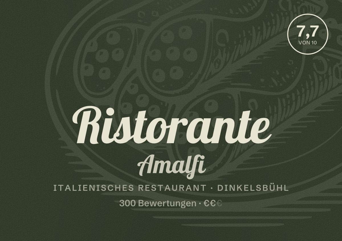 Illustriertes Poster von Ristorante Amalfi, Italienisches Restaurant in Dinkelsbühl: Bewertung 7,7 von 10 aus 300 Bewertungen, Preisniveau €€
