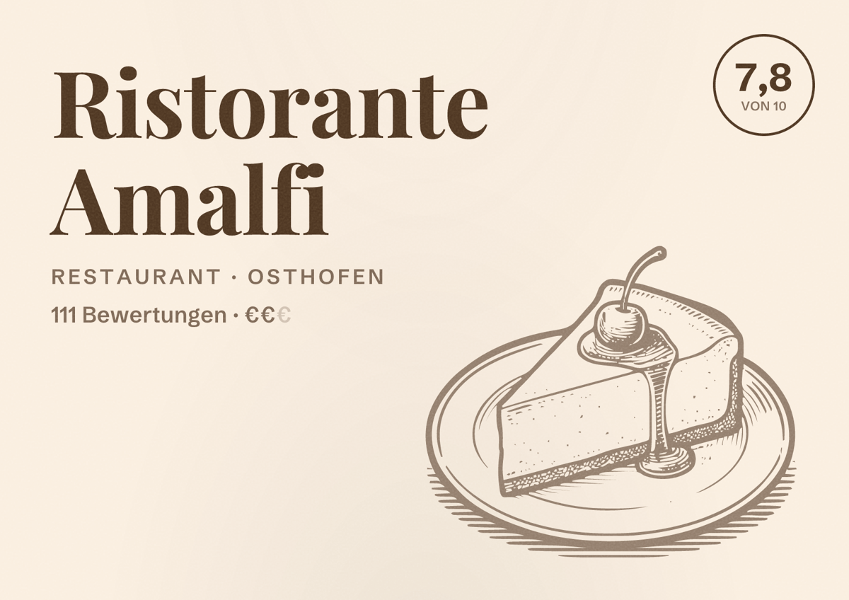 Illustriertes Poster von Ristorante Amalfi, Restaurant in Osthofen: Bewertung 7,8 von 10 aus 111 Bewertungen, Preisniveau €€