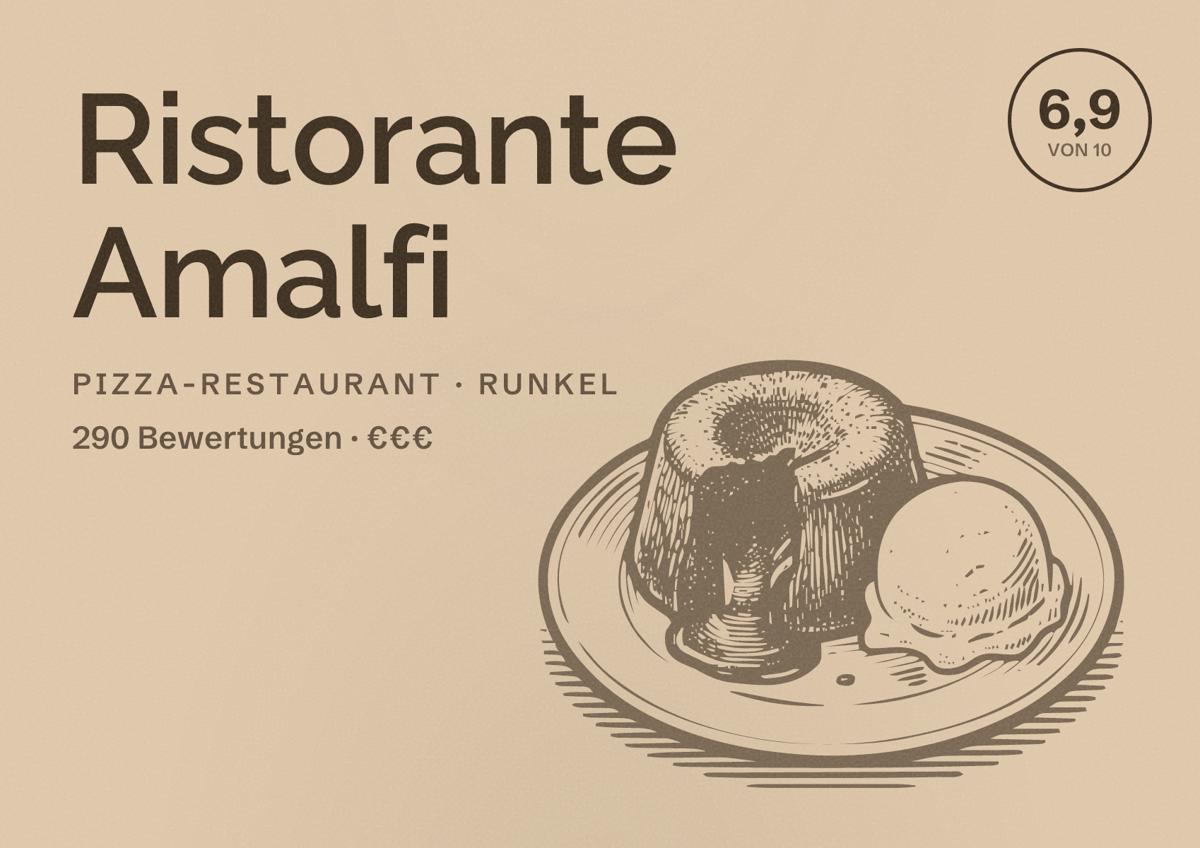 Illustriertes Poster von Ristorante Amalfi, Pizza-Restaurant in Runkel: Bewertung 6,9 von 10 aus 290 Bewertungen, Preisniveau €€€