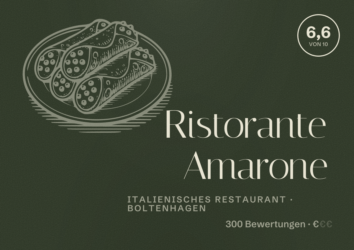 Illustriertes Poster von Ristorante Amarone, Italienisches Restaurant in Boltenhagen: Bewertung 6,6 von 10 aus 300 Bewertungen, Preisniveau €