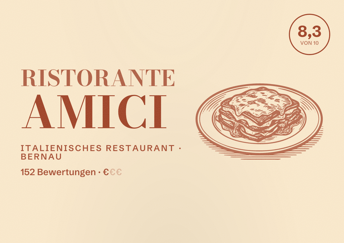 Illustriertes Poster von Ristorante Amici, Italienisches Restaurant in Bernau: Bewertung 8,3 von 10 aus 152 Bewertungen, Preisniveau €