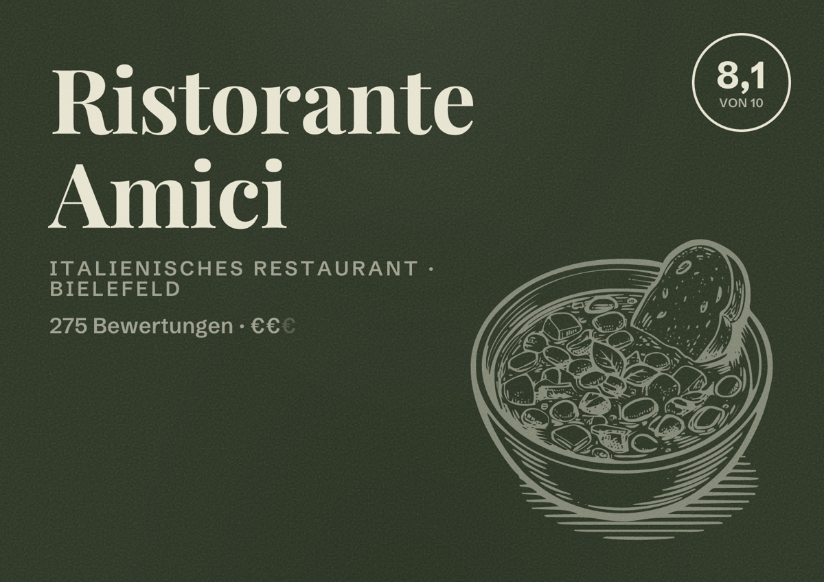 Illustriertes Poster von Ristorante Amici, Italienisches Restaurant in Bielefeld: Bewertung 8,1 von 10 aus 275 Bewertungen, Preisniveau €€