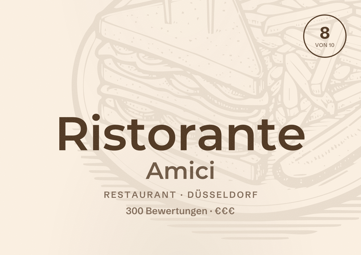 Illustriertes Poster von Ristorante Amici, Restaurant in Düsseldorf: Bewertung 8 von 10 aus 300 Bewertungen, Preisniveau €€€