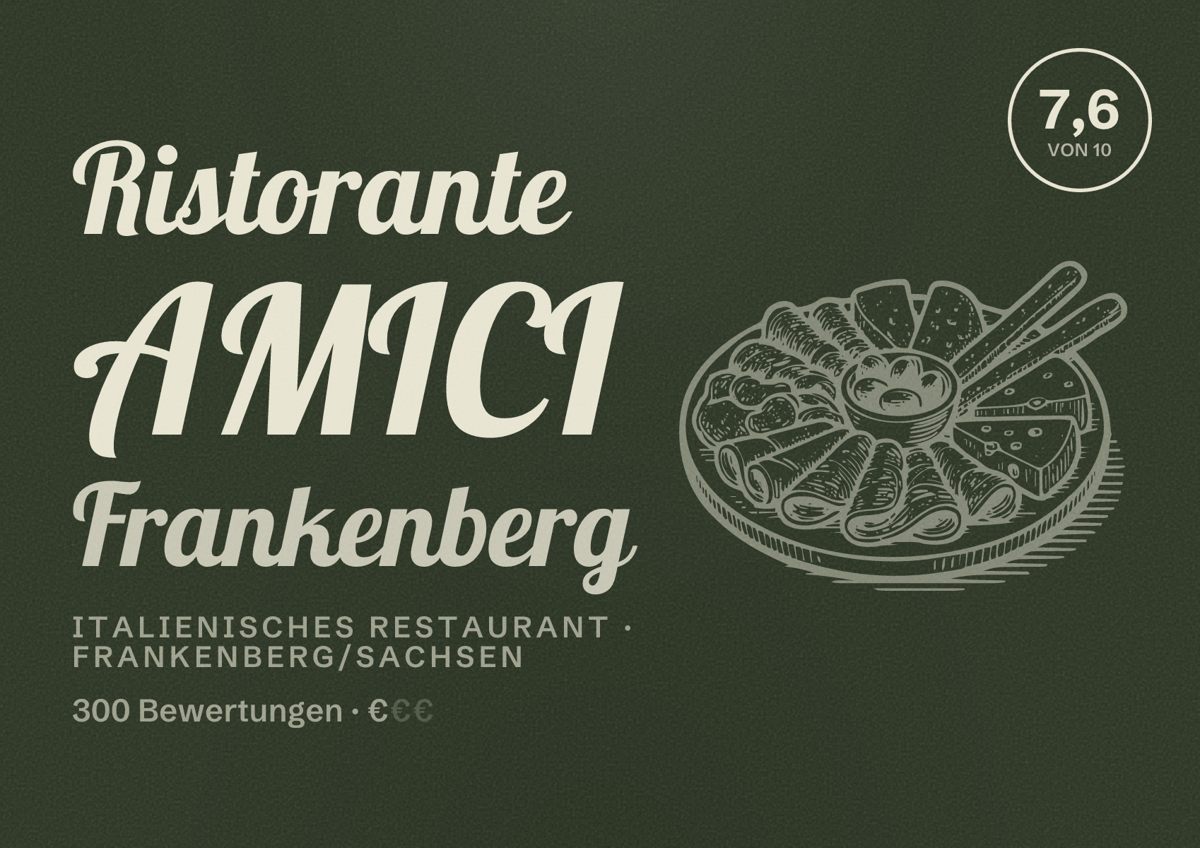 Illustriertes Poster von Ristorante AMICI Frankenberg, Italienisches Restaurant in Frankenberg/Sachsen: Bewertung 7,6 von 10 aus 300 Bewertungen, Preisniveau €