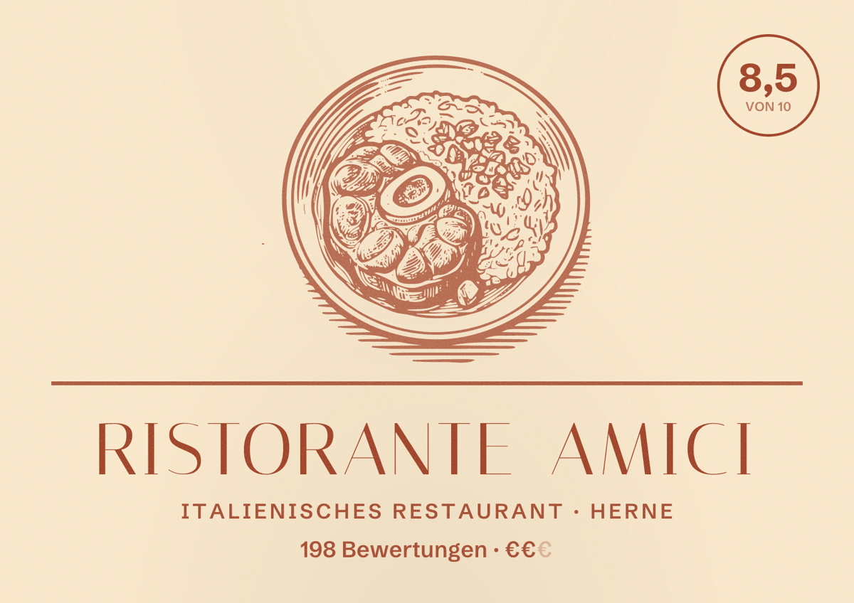 Illustriertes Poster von Ristorante Amici, Italienisches Restaurant in Herne: Bewertung 8,5 von 10 aus 198 Bewertungen, Preisniveau €€