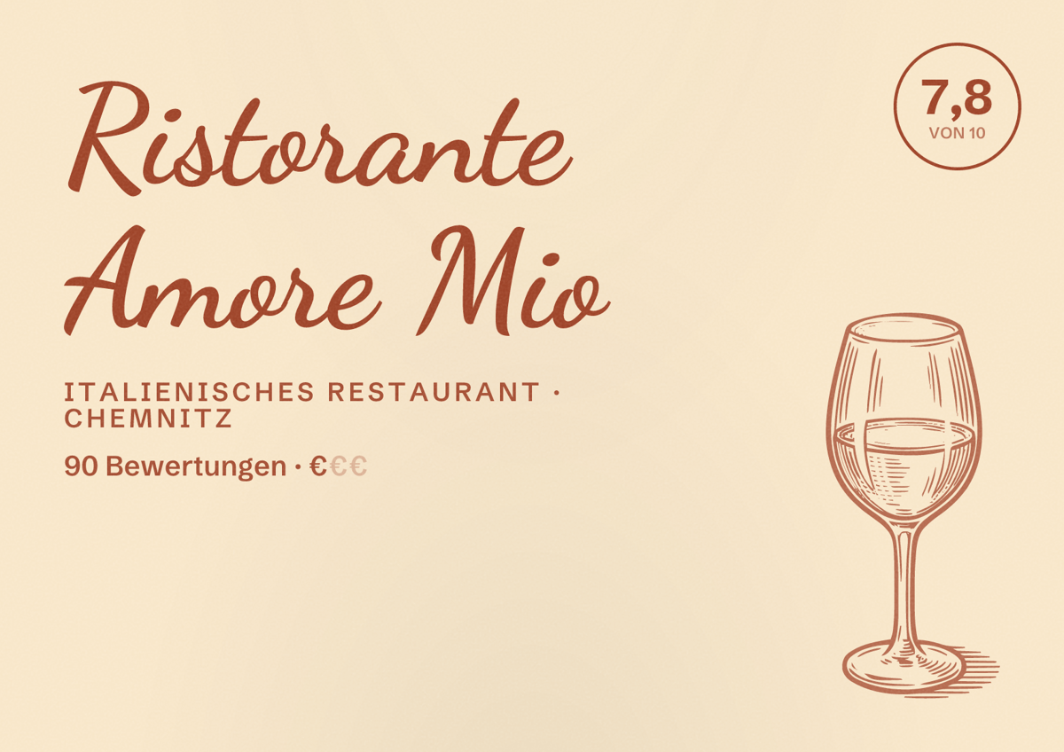Illustriertes Poster von Ristorante Amore Mio, Italienisches Restaurant in Chemnitz: Bewertung 7,8 von 10 aus 90 Bewertungen, Preisniveau €