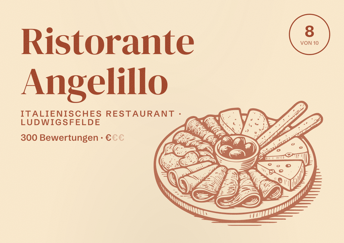 Illustriertes Poster von Ristorante Angelillo, Italienisches Restaurant in Ludwigsfelde: Bewertung 8 von 10 aus 300 Bewertungen, Preisniveau €