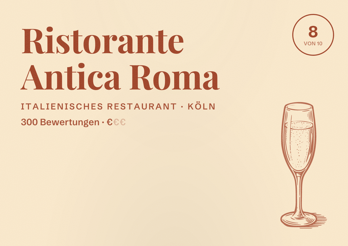 Illustriertes Poster von Ristorante Antica Roma, Italienisches Restaurant in Köln: Bewertung 8,0 von 10 aus 300 Bewertungen, Preisniveau €