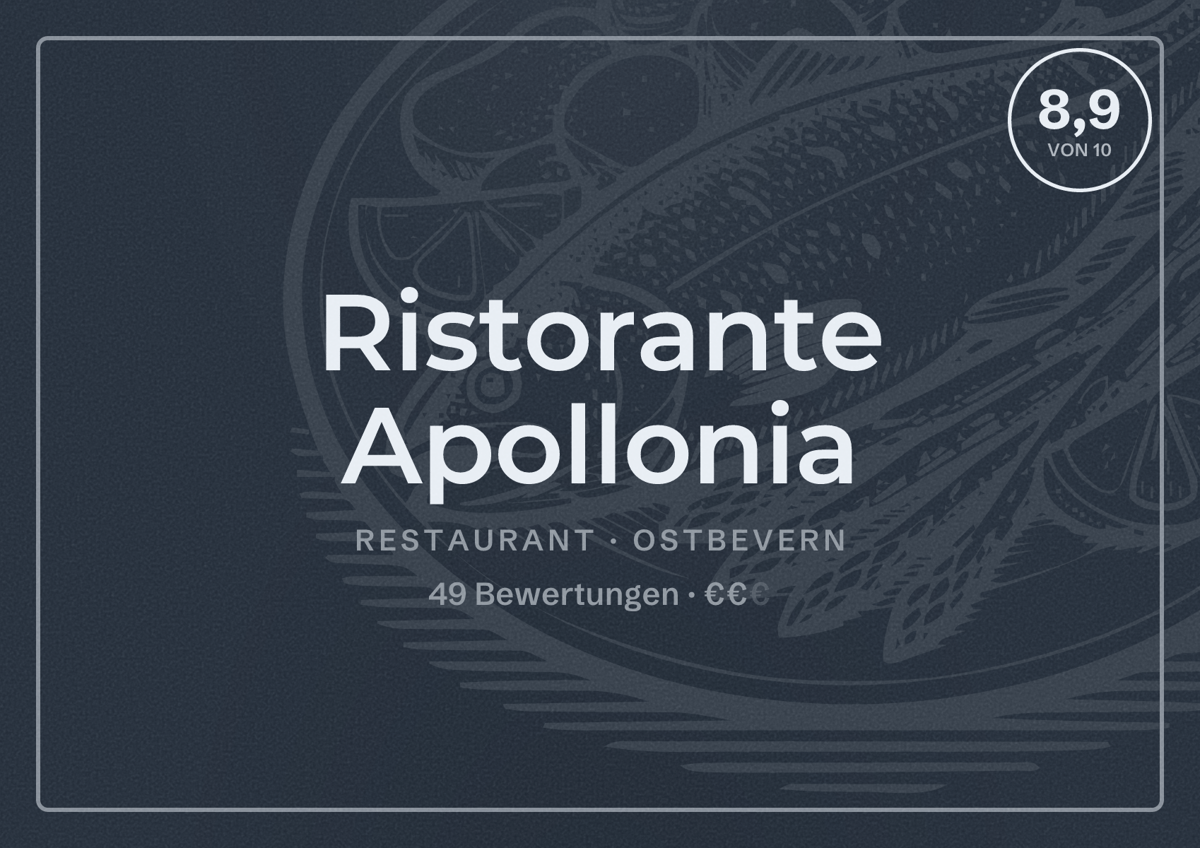Illustriertes Poster von Ristorante Apollonia, Restaurant in Ostbevern: Bewertung 8,9 von 10 aus 49 Bewertungen, Preisniveau €€