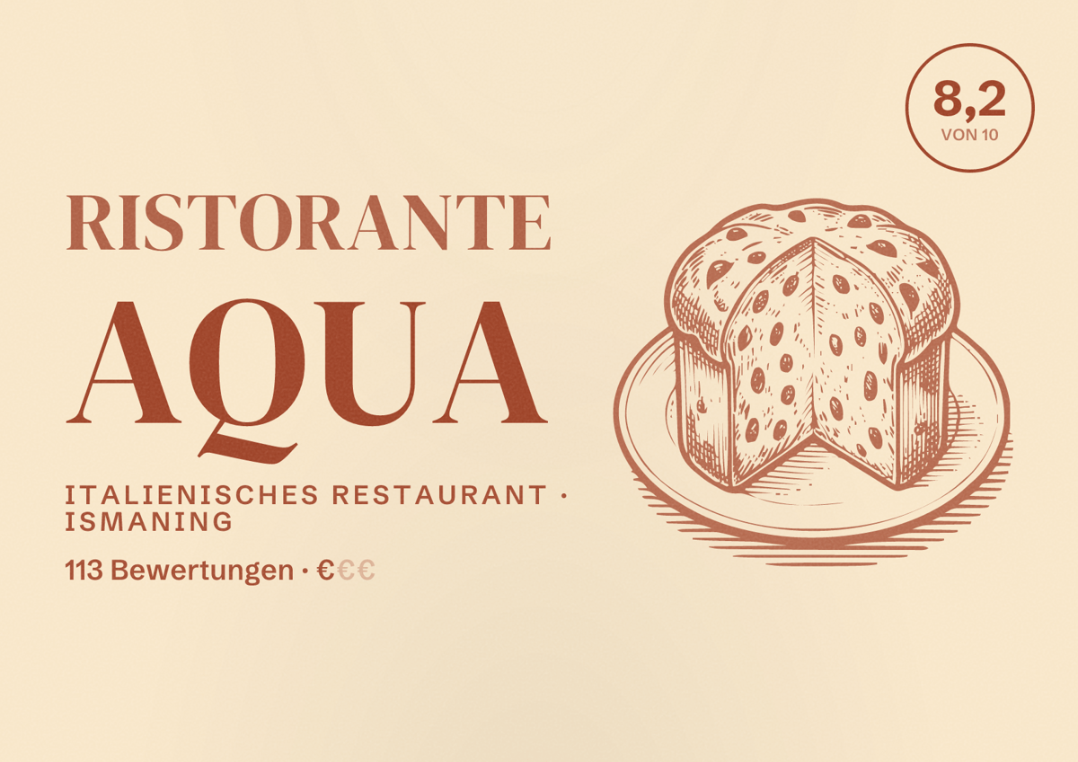 Illustriertes Poster von Ristorante Aqua, Italienisches Restaurant in Ismaning: Bewertung 8,2 von 10 aus 113 Bewertungen, Preisniveau €
