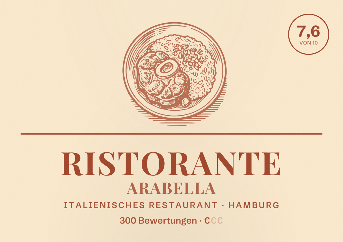 Illustriertes Poster von Ristorante Arabella, Italienisches Restaurant in Hamburg: Bewertung 7,6 von 10 aus 300 Bewertungen, Preisniveau €