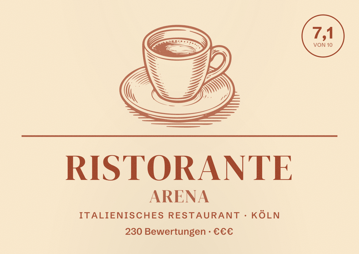 Illustriertes Poster von Ristorante Arena, Italienisches Restaurant in Köln: Bewertung 7,1 von 10 aus 230 Bewertungen, Preisniveau €€€