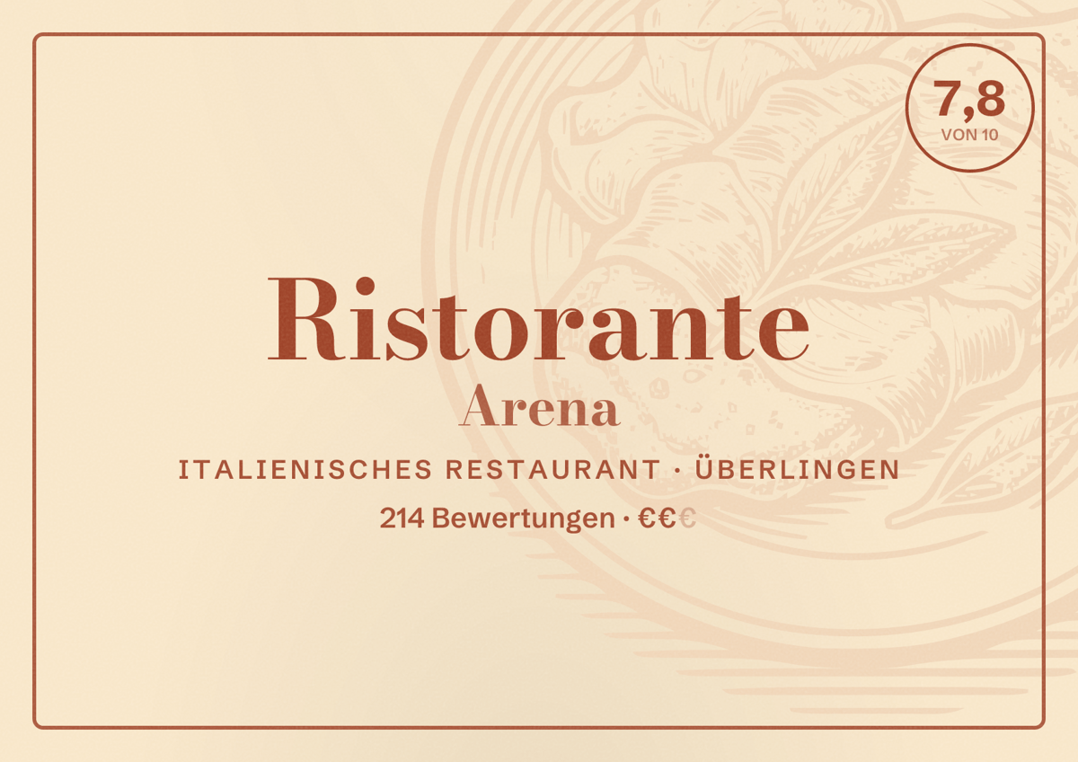 Illustriertes Poster von Ristorante Arena, Italienisches Restaurant in Überlingen: Bewertung 7,8 von 10 aus 214 Bewertungen, Preisniveau €€