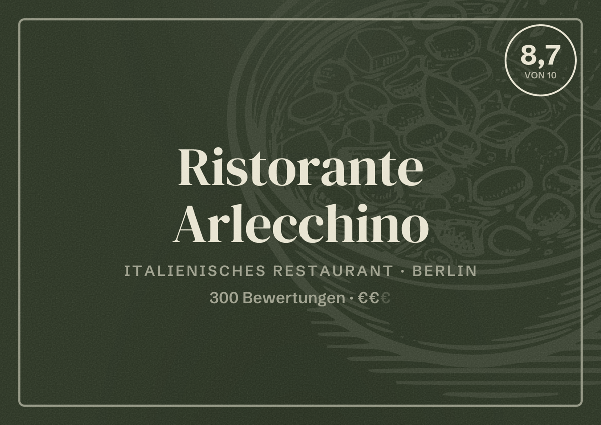 Illustriertes Poster von Ristorante Arlecchino, Italienisches Restaurant in Berlin: Bewertung 8,7 von 10 aus 300 Bewertungen, Preisniveau €€