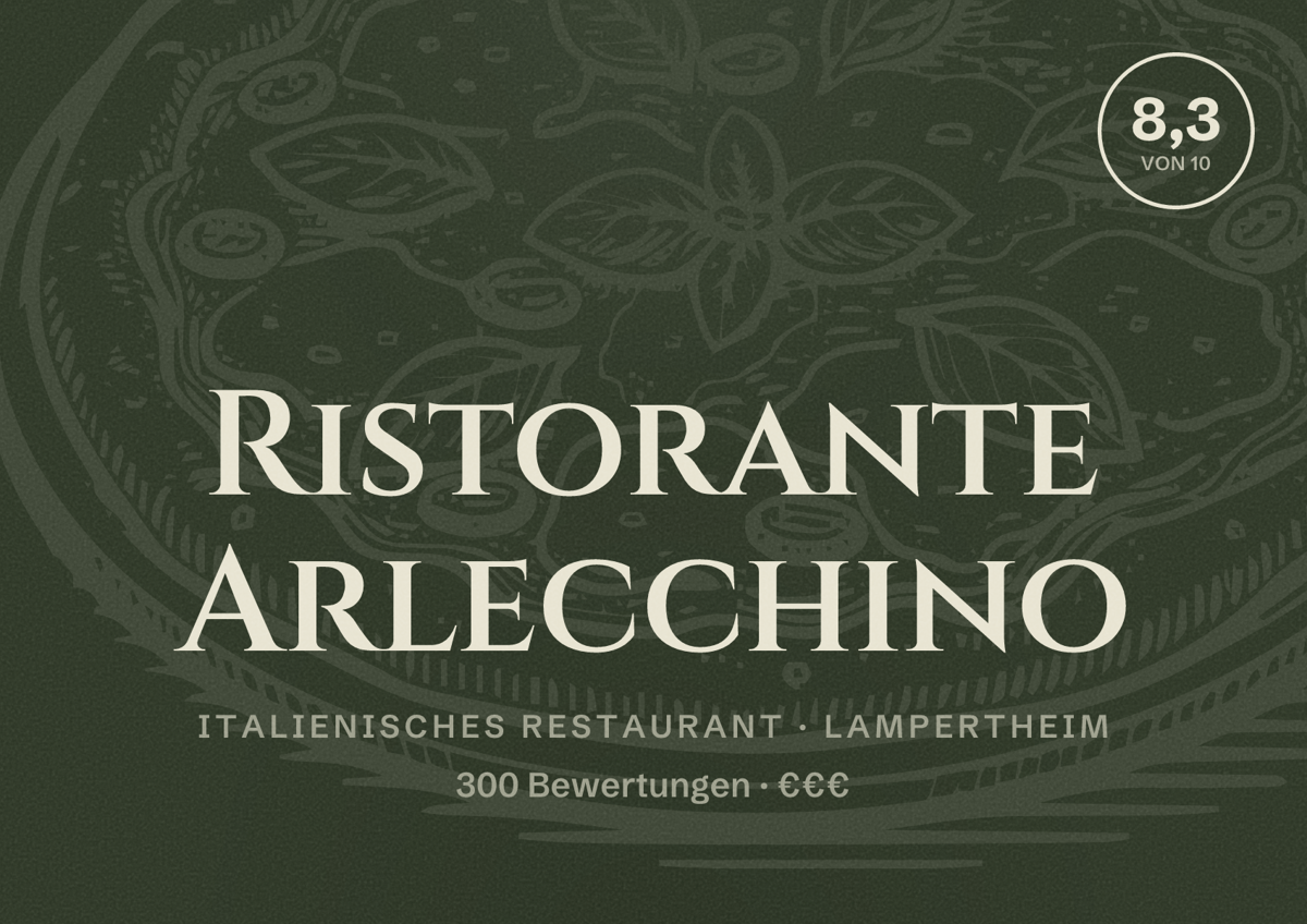 Illustriertes Poster von Ristorante Arlecchino, Italienisches Restaurant in Lampertheim: Bewertung 8,3 von 10 aus 300 Bewertungen, Preisniveau €€€