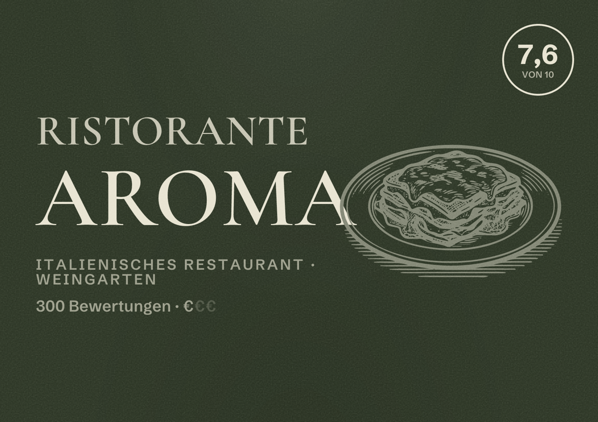Illustriertes Poster von Ristorante Aroma, Italienisches Restaurant in Weingarten: Bewertung 7,6 von 10 aus 300 Bewertungen, Preisniveau €