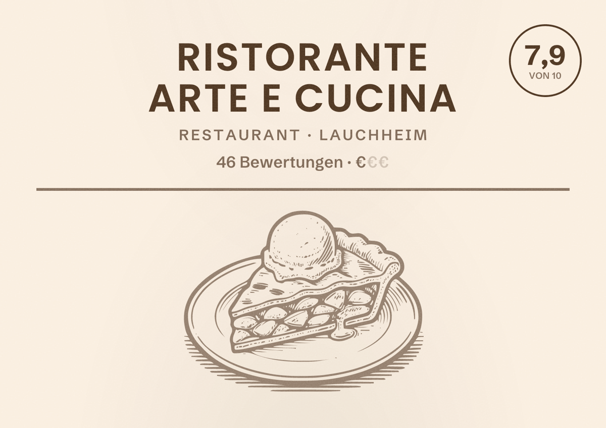 Illustriertes Poster von Ristorante Arte e Cucina, Restaurant in Lauchheim: Bewertung 7,9 von 10 aus 46 Bewertungen, Preisniveau €