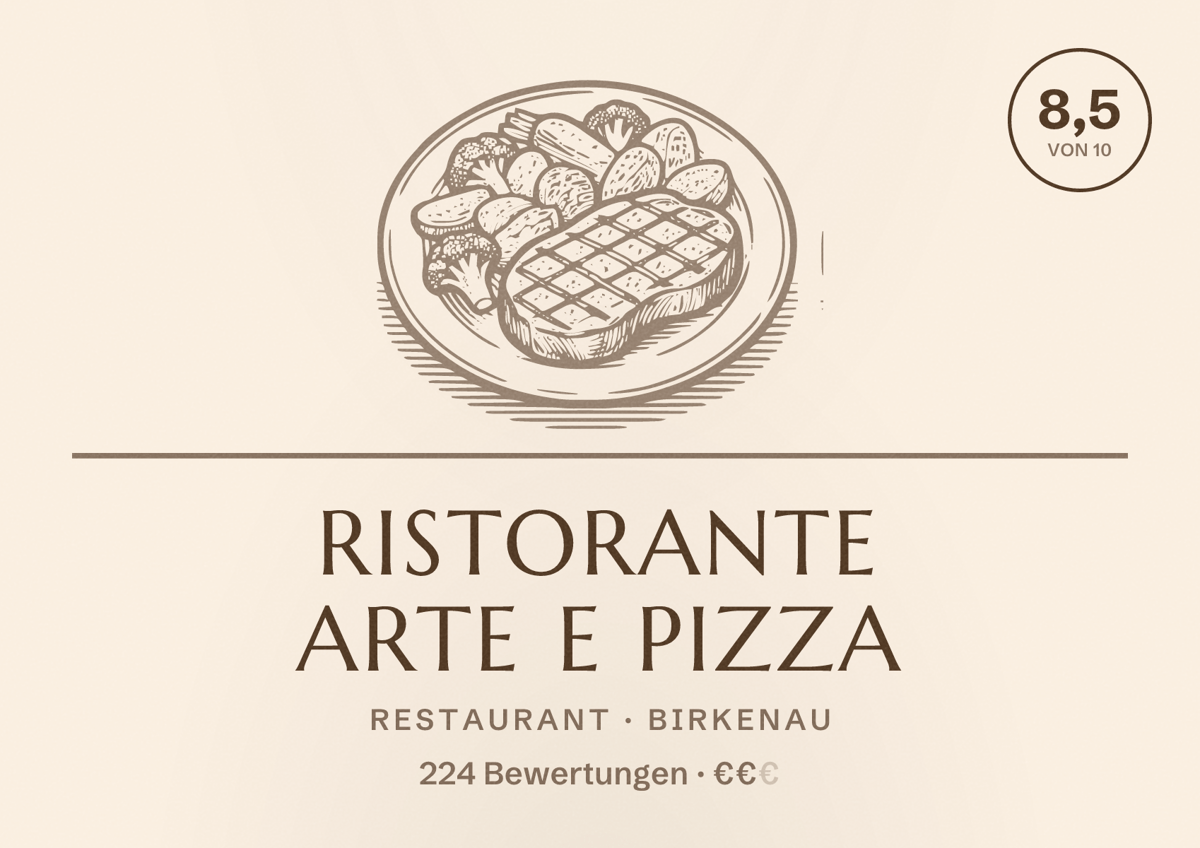 Illustriertes Poster von Ristorante Arte e Pizza, Restaurant in Birkenau: Bewertung 8,5 von 10 aus 224 Bewertungen, Preisniveau €€
