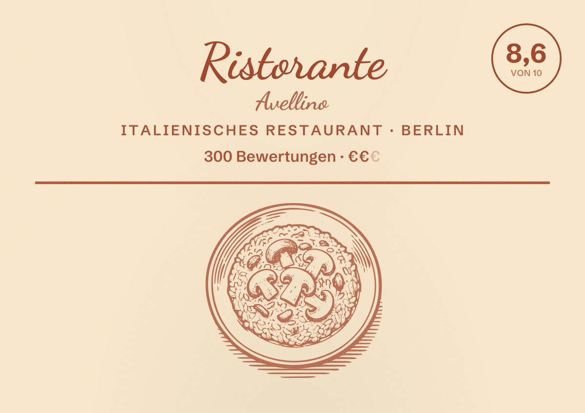 Illustriertes Poster von Ristorante Avellino, Italienisches Restaurant in Berlin: Bewertung 8,6 von 10 aus 300 Bewertungen, Preisniveau €€