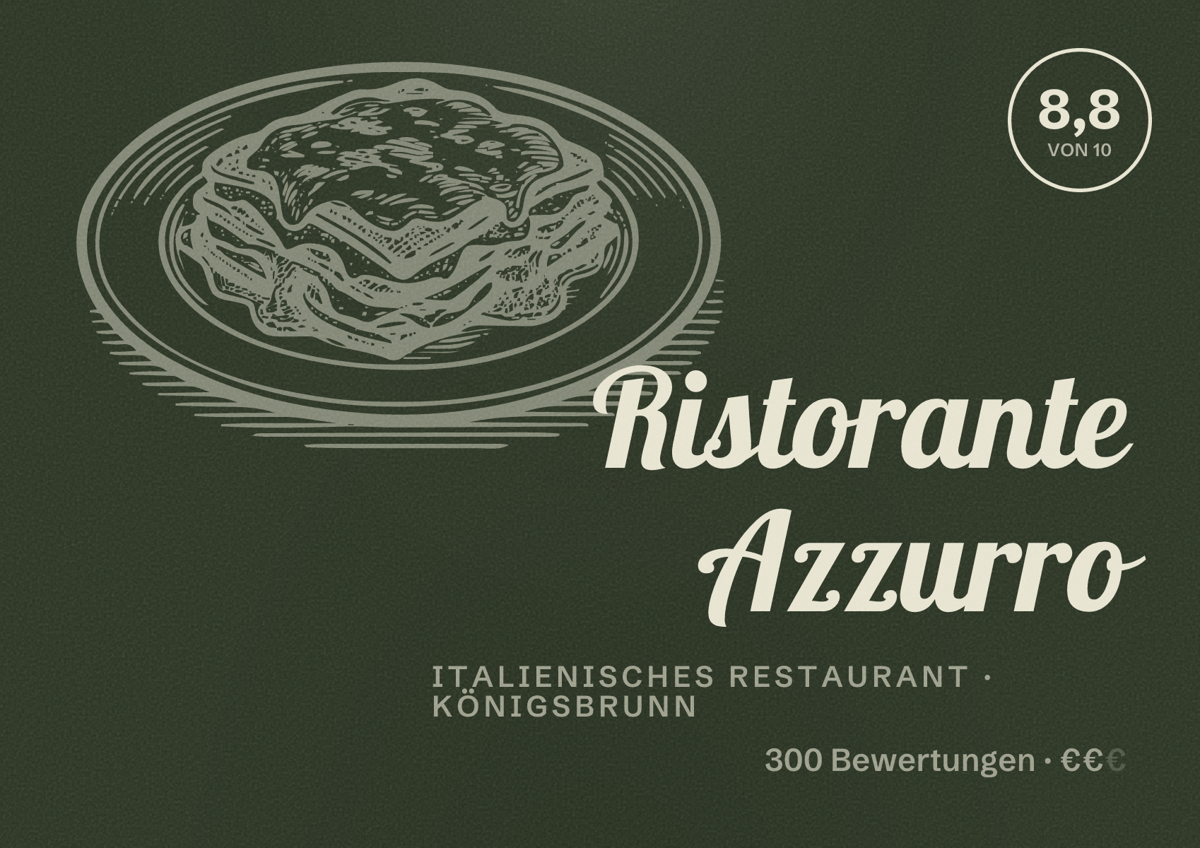 Illustriertes Poster von Ristorante Azzurro, Italienisches Restaurant in Königsbrunn: Bewertung 8,8 von 10 aus 300 Bewertungen, Preisniveau €€