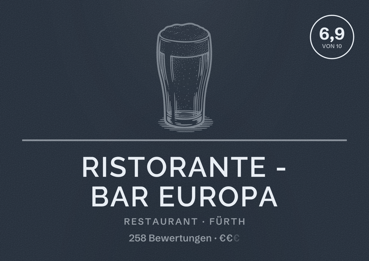 Illustriertes Poster von Ristorante - Bar Europa, Restaurant in Fürth: Bewertung 6,9 von 10 aus 258 Bewertungen, Preisniveau €€
