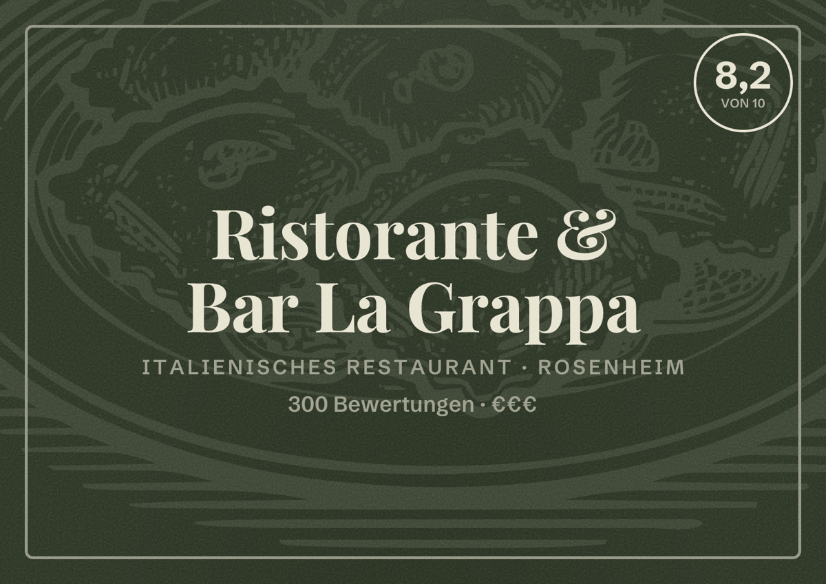 Illustriertes Poster von Ristorante & Bar La Grappa, Italienisches Restaurant in Rosenheim: Bewertung 8,2 von 10 aus 300 Bewertungen, Preisniveau €€€
