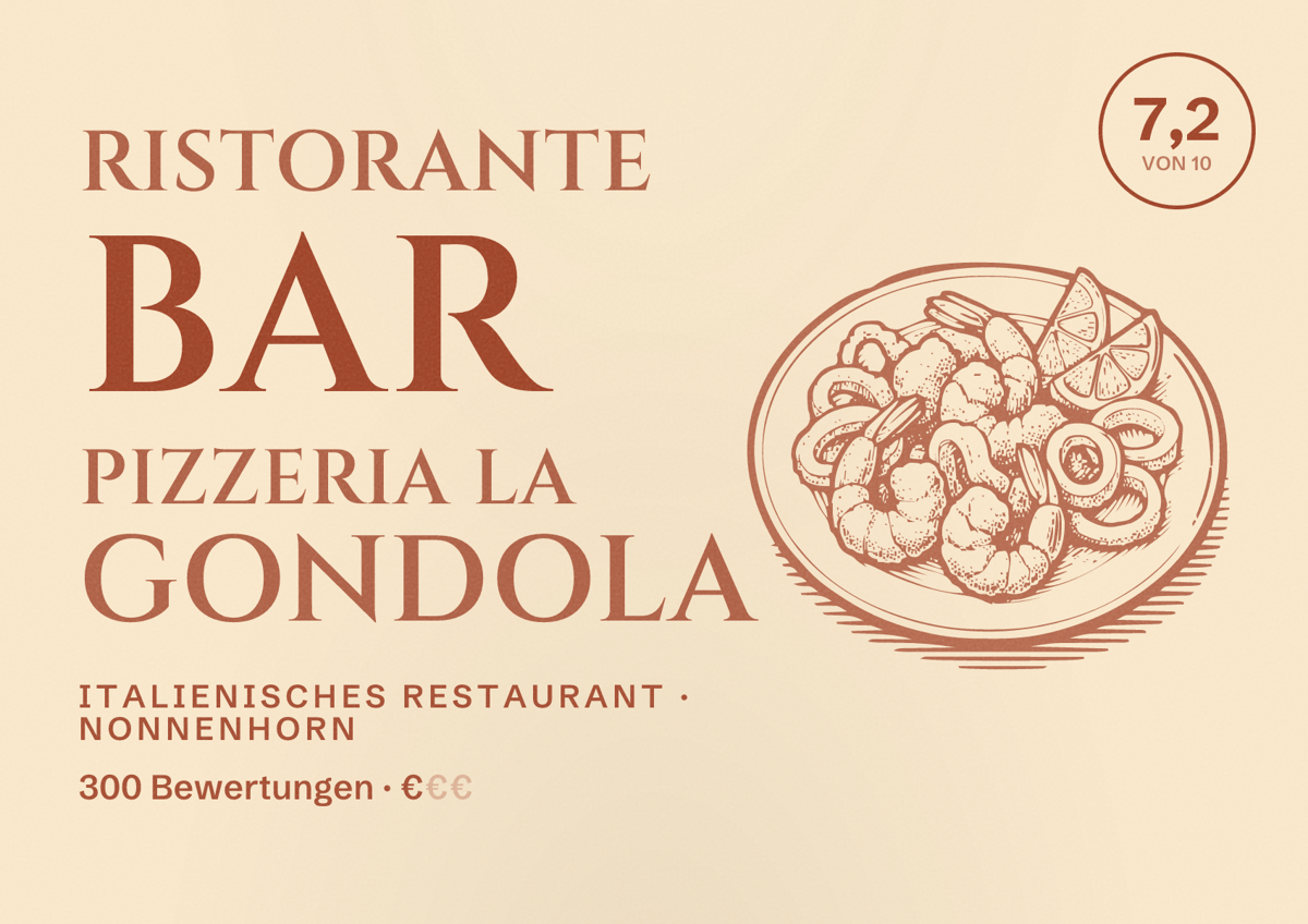 Illustriertes Poster von Ristorante Bar Pizzeria La Gondola, Italienisches Restaurant in Nonnenhorn: Bewertung 7,2 von 10 aus 300 Bewertungen, Preisniveau €