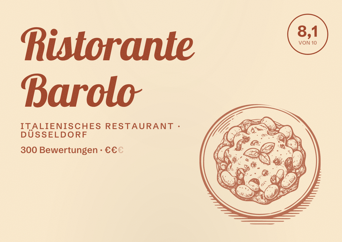 Illustriertes Poster von Ristorante Barolo, Italienisches Restaurant in Düsseldorf: Bewertung 8,1 von 10 aus 300 Bewertungen, Preisniveau €€