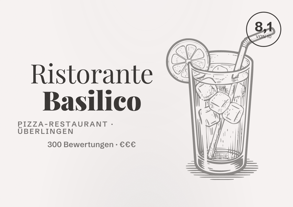 Illustriertes Poster von Ristorante Basilico, Pizza-Restaurant in Überlingen: Bewertung 8,1 von 10 aus 300 Bewertungen, Preisniveau €€€
