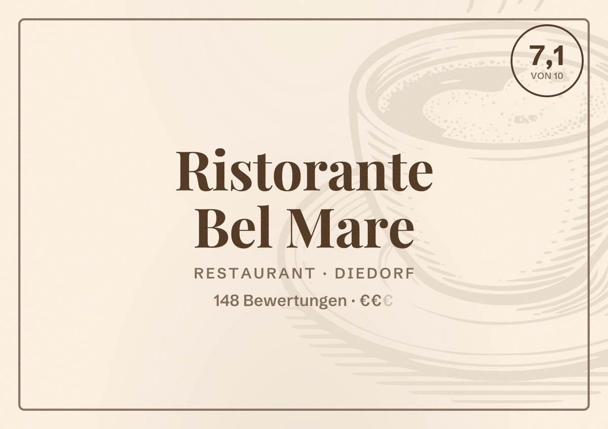 Illustriertes Poster von Ristorante Bel Mare, Restaurant in Diedorf: Bewertung 7,1 von 10 aus 148 Bewertungen, Preisniveau €€