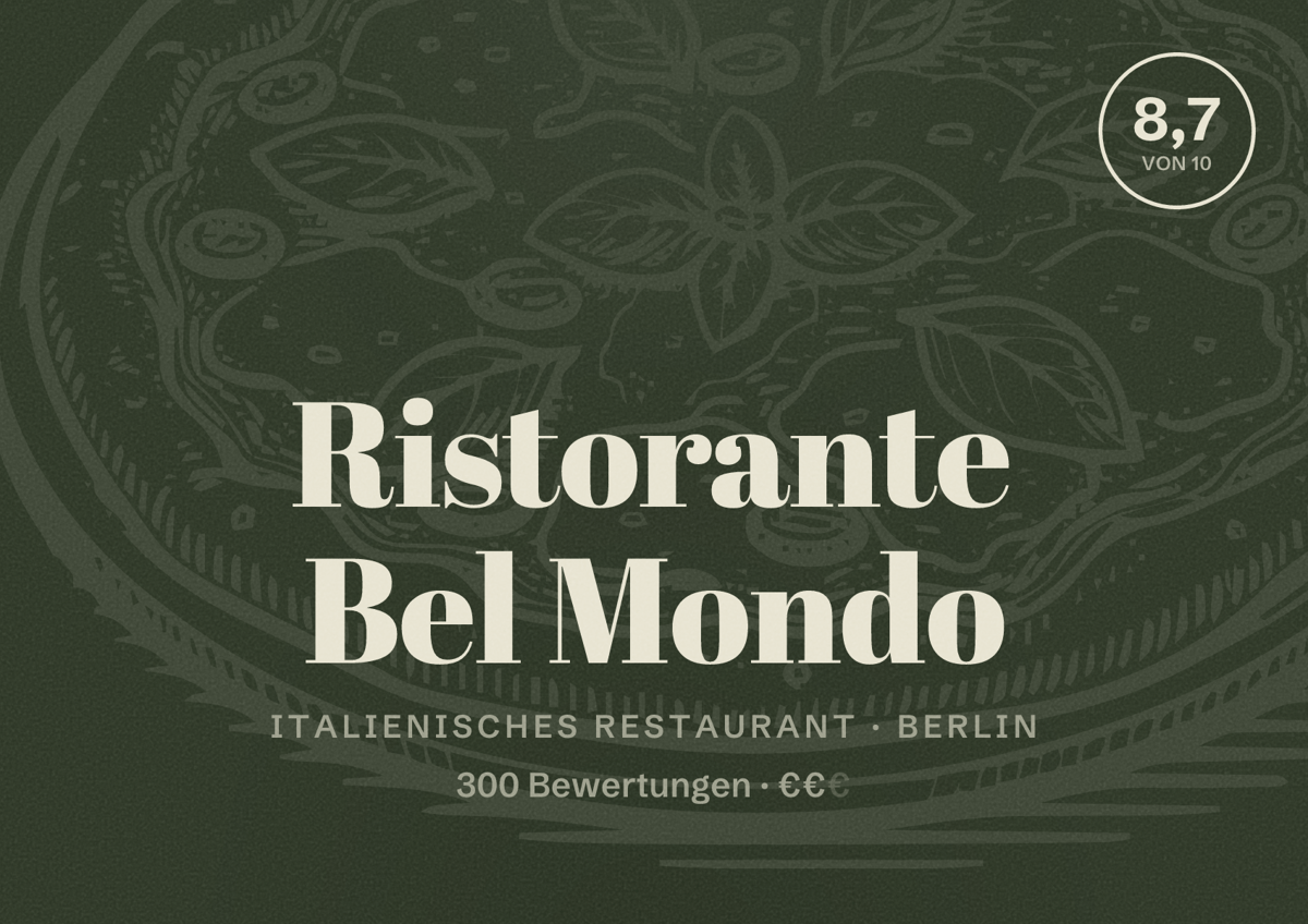 Illustriertes Poster von Ristorante Bel Mondo, Italienisches Restaurant in Berlin: Bewertung 8,7 von 10 aus 300 Bewertungen, Preisniveau €€