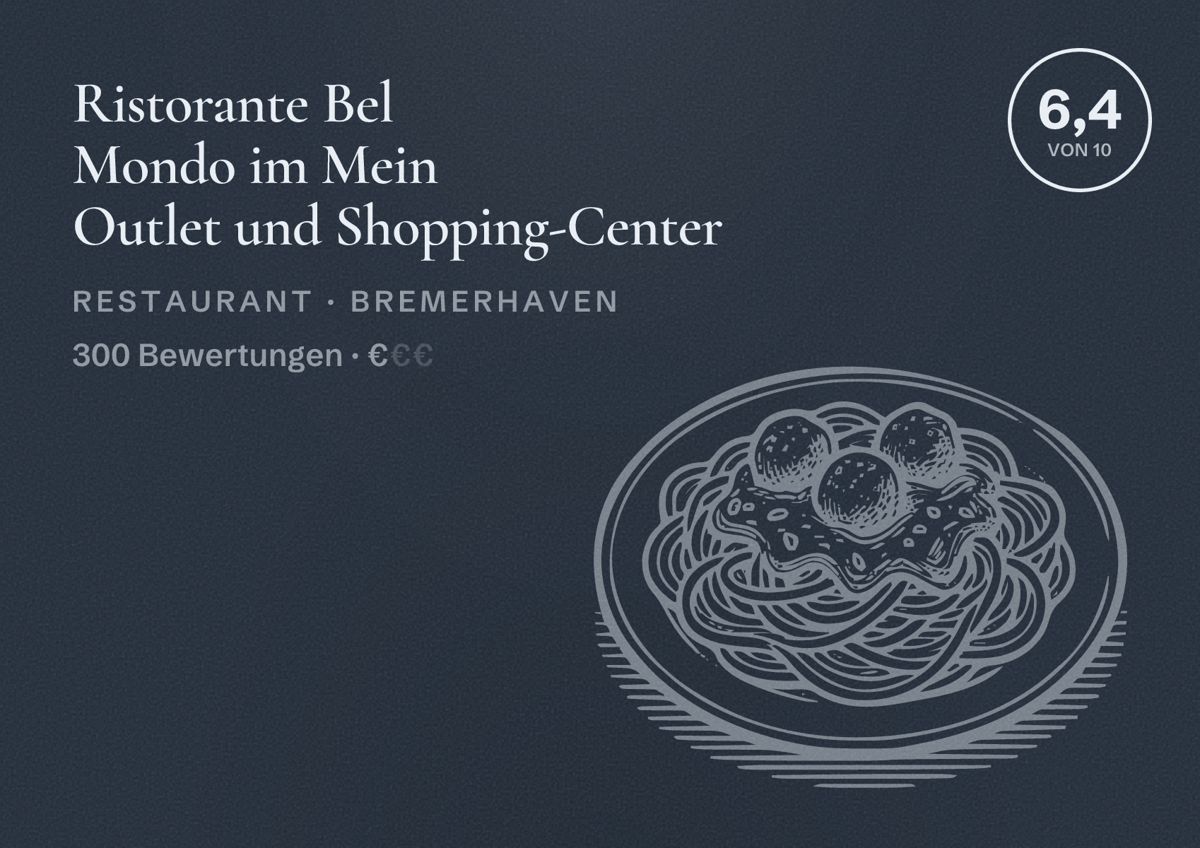 Illustriertes Poster von Ristorante Bel Mondo im Mein Outlet und Shopping-Center, Restaurant in Bremerhaven: Bewertung 6,4 von 10 aus 300 Bewertungen, Preisniveau €