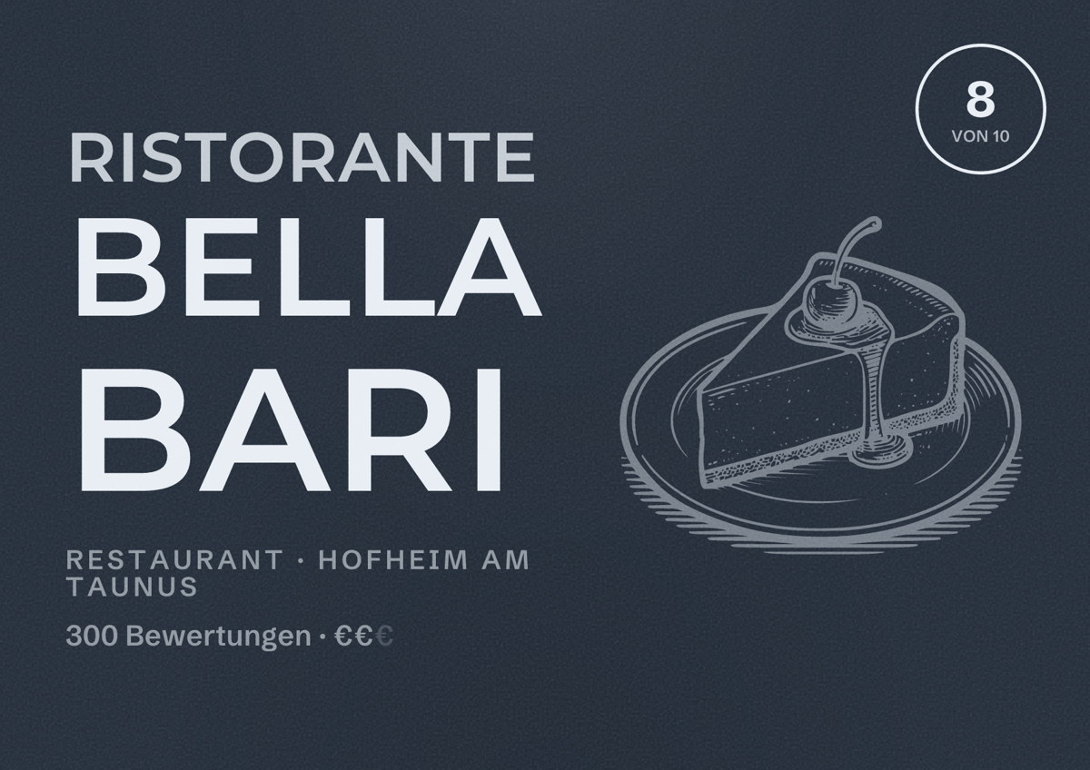Illustriertes Poster von Ristorante Bella Bari, Restaurant in Hofheim am Taunus: Bewertung 8 von 10 aus 300 Bewertungen, Preisniveau €€