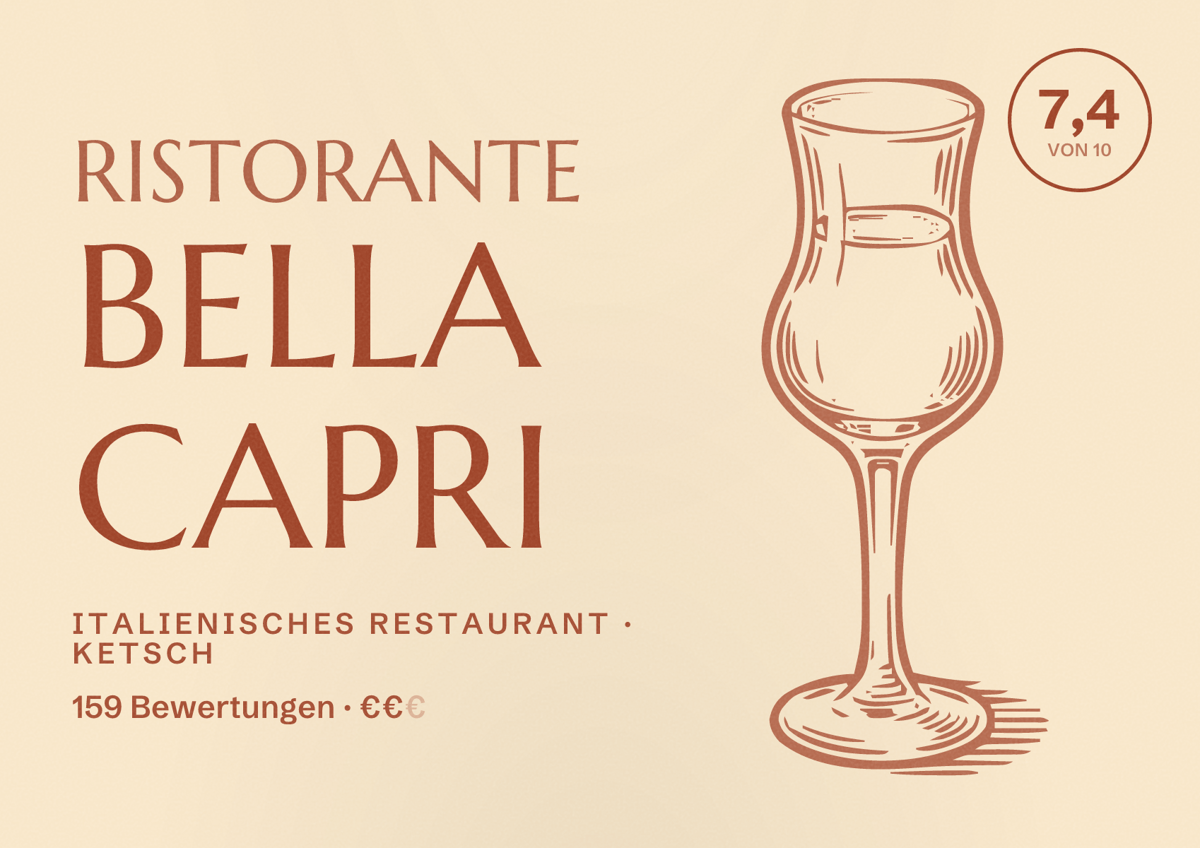 Illustriertes Poster von Ristorante Bella Capri, Italienisches Restaurant in Ketsch: Bewertung 7,4 von 10 aus 159 Bewertungen, Preisniveau €€