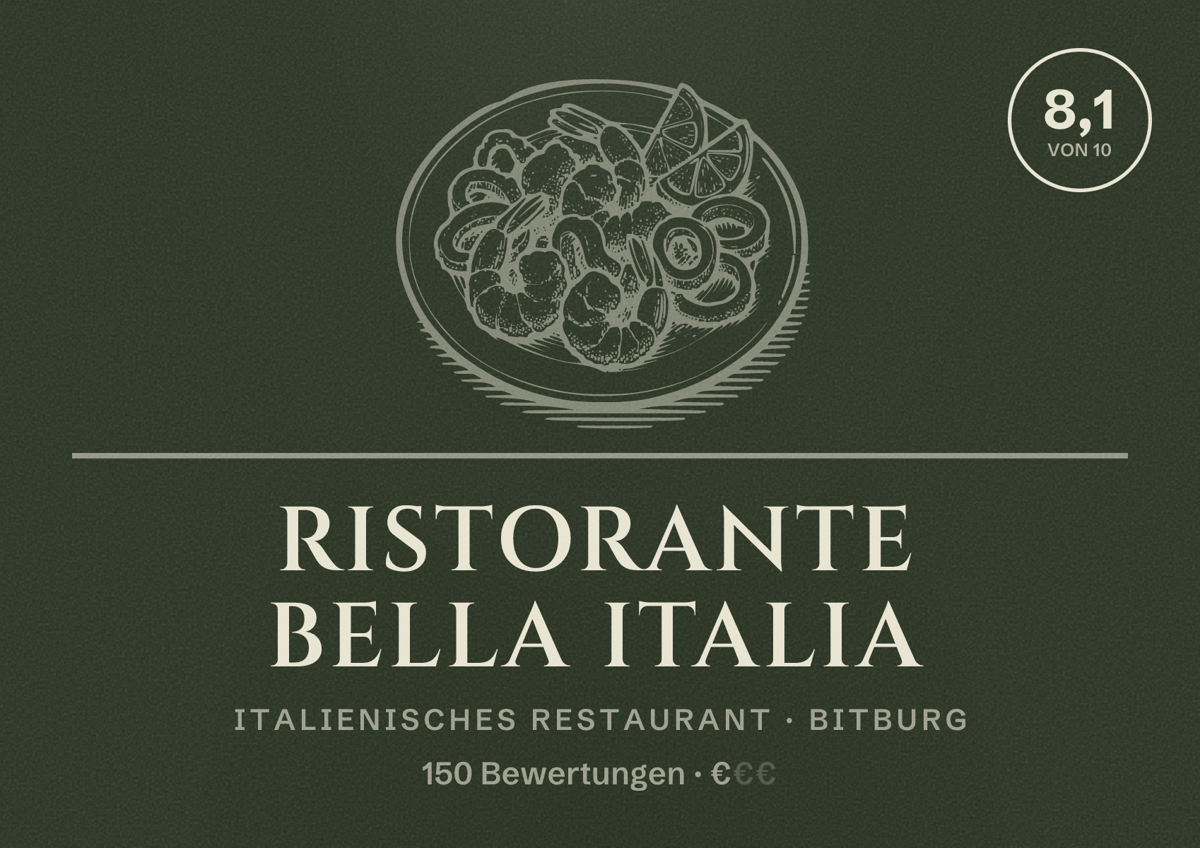 Illustriertes Poster von Ristorante Bella Italia, Italienisches Restaurant in Bitburg: Bewertung 8,1 von 10 aus 150 Bewertungen, Preisniveau €