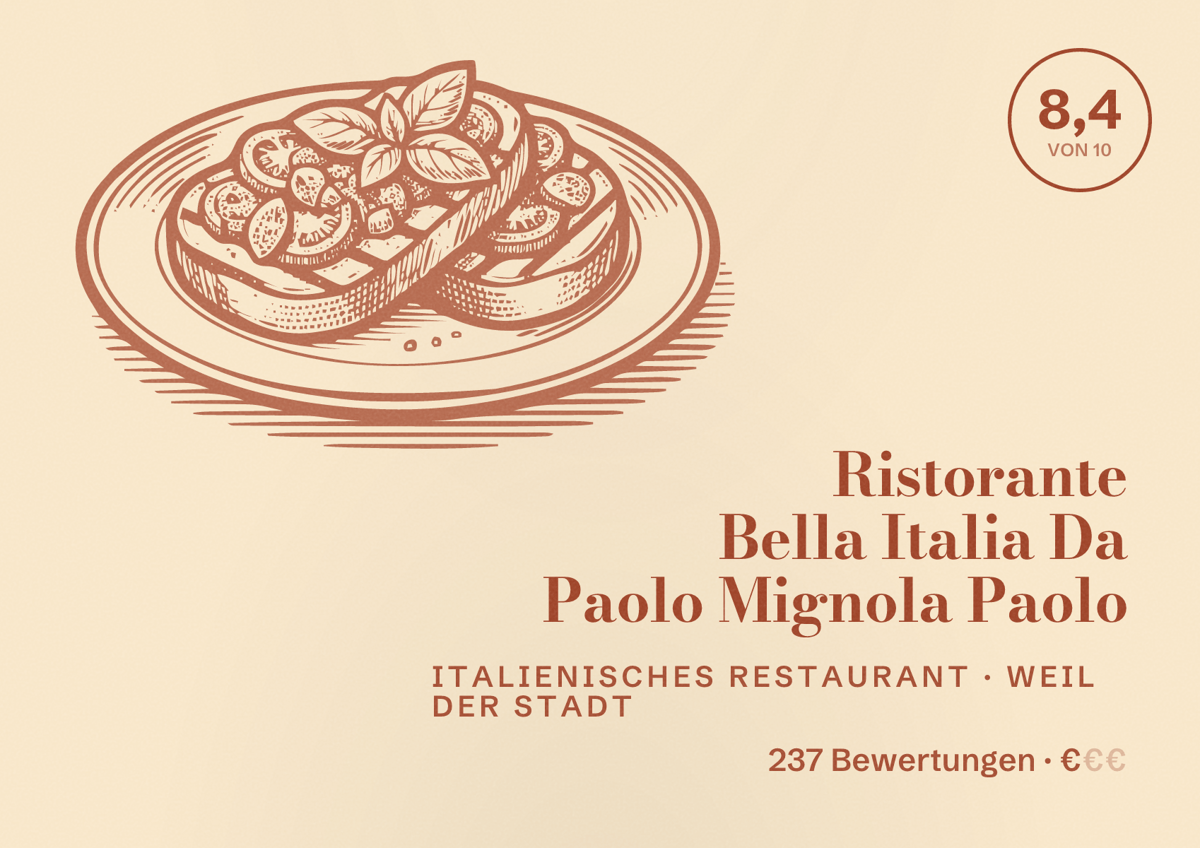 Illustriertes Poster von Ristorante Bella Italia Da Paolo Mignola Paolo, Italienisches Restaurant in Weil der Stadt: Bewertung 8,4 von 10 aus 237 Bewertungen, Preisniveau €
