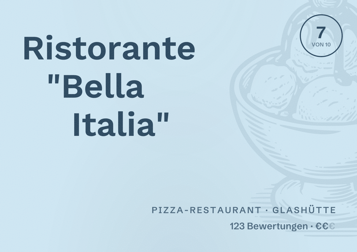 Illustriertes Poster von Ristorante "Bella Italia", Pizza-Restaurant in Glashütte: Bewertung 7 von 10 aus 123 Bewertungen, Preisniveau €€
