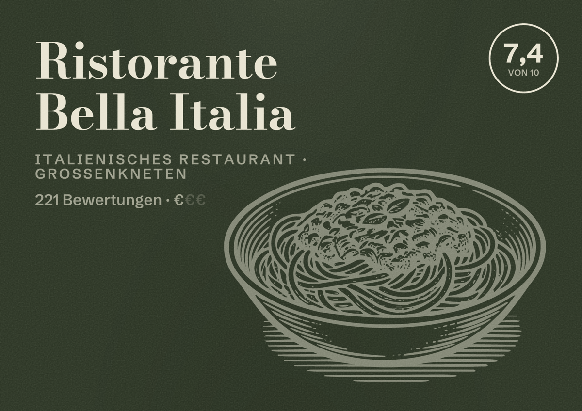 Illustriertes Poster von Ristorante Bella Italia, Italienisches Restaurant in Großenkneten: Bewertung 7,4 von 10 aus 221 Bewertungen, Preisniveau €