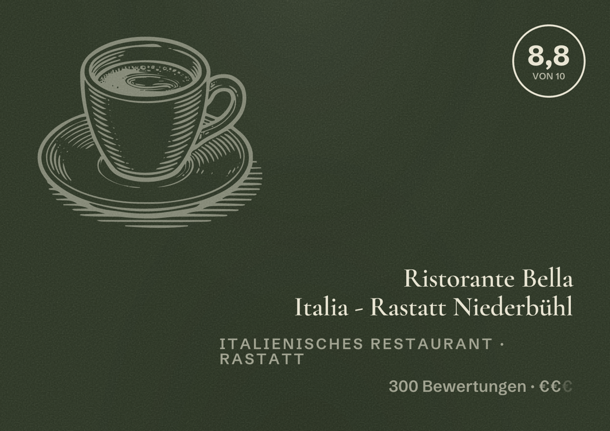 Illustriertes Poster von Ristorante Bella Italia - Rastatt Niederbühl, Italienisches Restaurant in Rastatt: Bewertung 8,8 von 10 aus 300 Bewertungen, Preisniveau €€