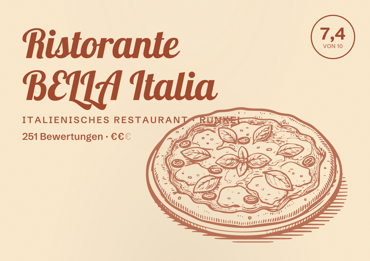 Illustriertes Poster von Ristorante BELLA Italia, Italienisches Restaurant in Runkel: Bewertung 7,4 von 10 aus 251 Bewertungen, Preisniveau €€