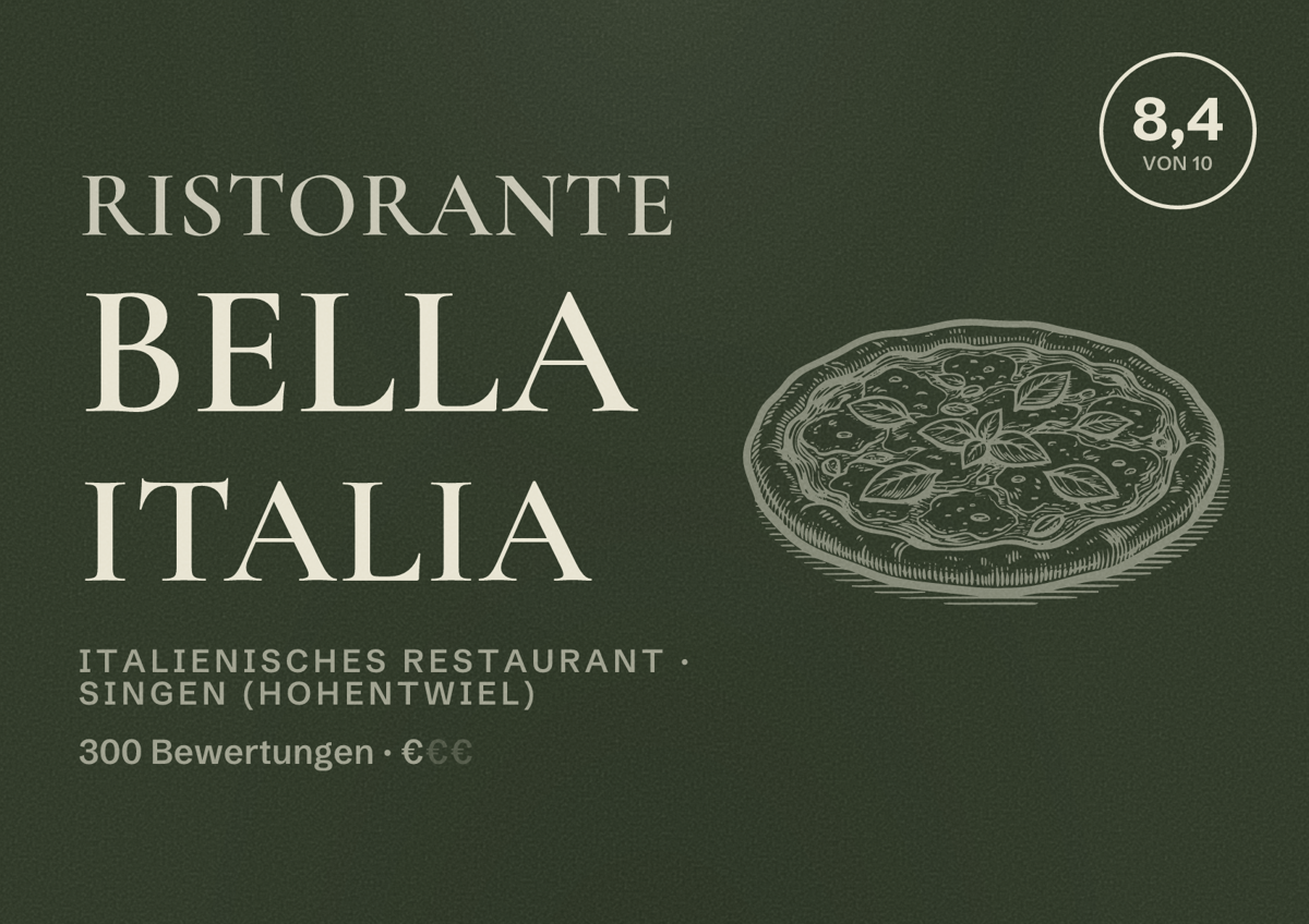 Illustriertes Poster von Ristorante Bella Italia, Italienisches Restaurant in Singen (Hohentwiel): Bewertung 8,4 von 10 aus 300 Bewertungen, Preisniveau €