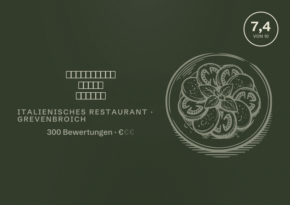 Illustriertes Poster von 𝕽𝖎𝖘𝖙𝖔𝖗𝖆𝖓𝖙𝖊 𝕭𝖊𝖑𝖑𝖆 𝕹𝖆𝖕𝖔𝖑𝖎, Italienisches Restaurant in Grevenbroich: Bewertung 7,4 von 10 aus 300 Bewertungen, Preisniveau €