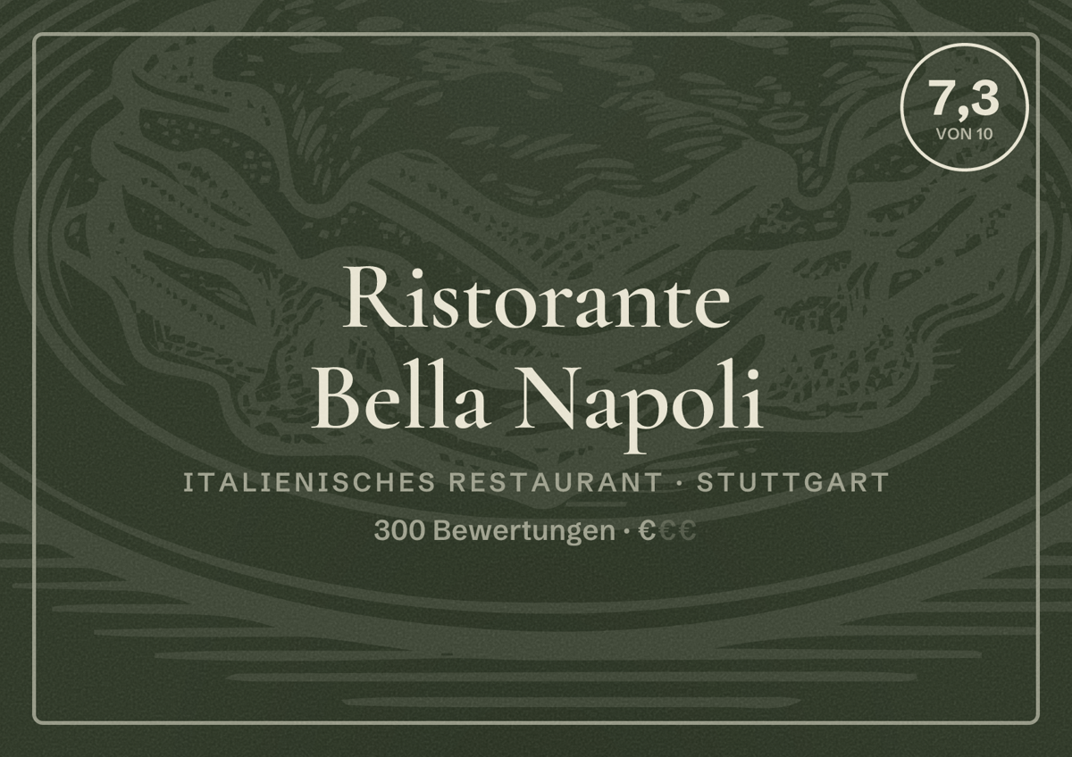 Illustriertes Poster von Ristorante Bella Napoli, Italienisches Restaurant in Stuttgart: Bewertung 7,3 von 10 aus 300 Bewertungen, Preisniveau €