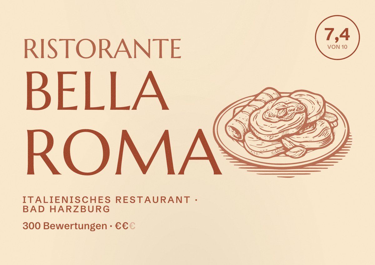 Illustriertes Poster von Ristorante Bella Roma, Italienisches Restaurant in Bad Harzburg: Bewertung 7,4 von 10 aus 300 Bewertungen, Preisniveau €€