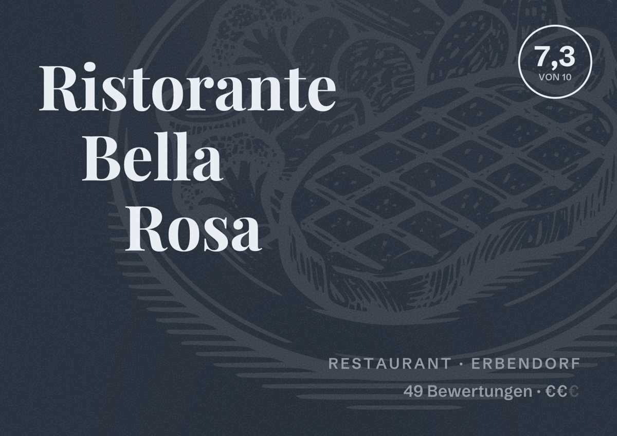 Illustriertes Poster von Ristorante Bella Rosa, Restaurant in Erbendorf: Bewertung 7,3 von 10 aus 49 Bewertungen, Preisniveau €€