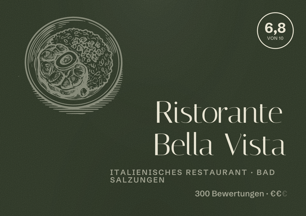 Illustriertes Poster von Ristorante Bella Vista, Italienisches Restaurant in Bad Salzungen: Bewertung 6,8 von 10 aus 300 Bewertungen, Preisniveau €€