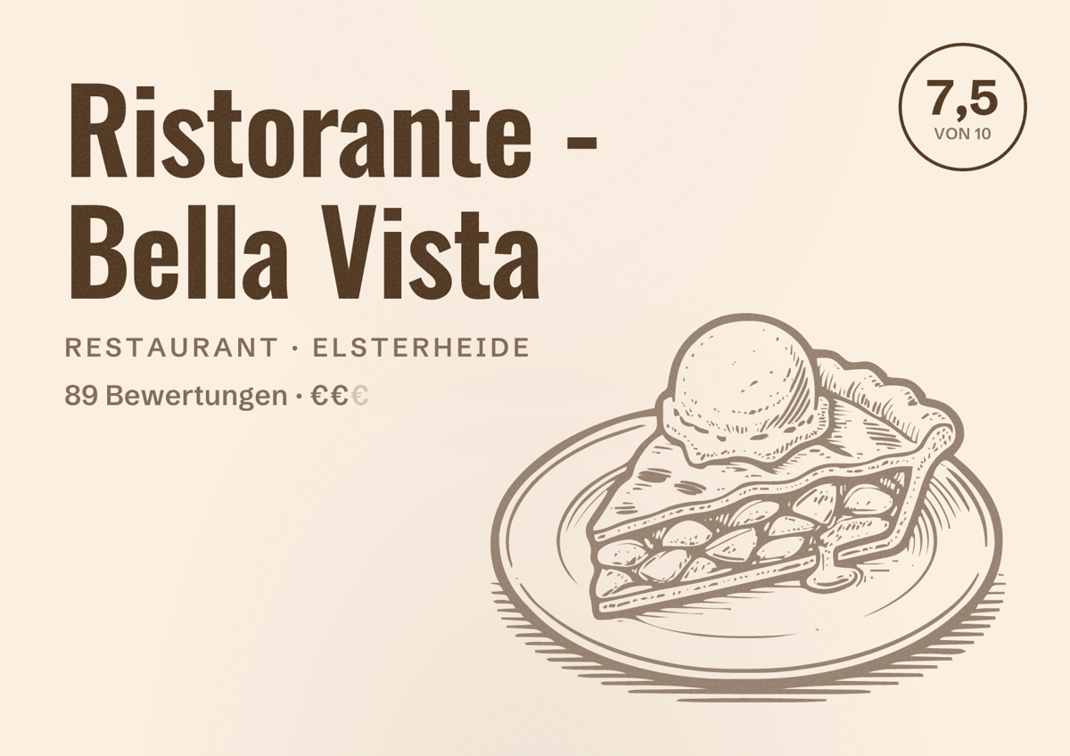 Illustriertes Poster von Ristorante - Bella Vista, Restaurant in Elsterheide: Bewertung 7,5 von 10 aus 89 Bewertungen, Preisniveau €€